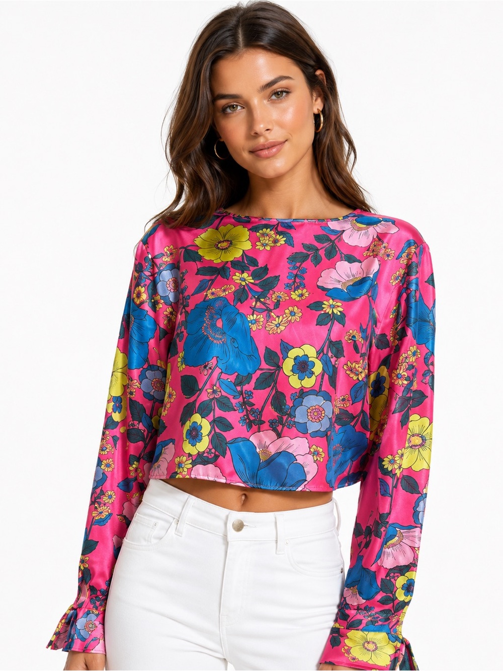 NWT Zara Floral Blouse Pink Blue Long Sleeve Top Women’s Large Y2K Retro Size LG